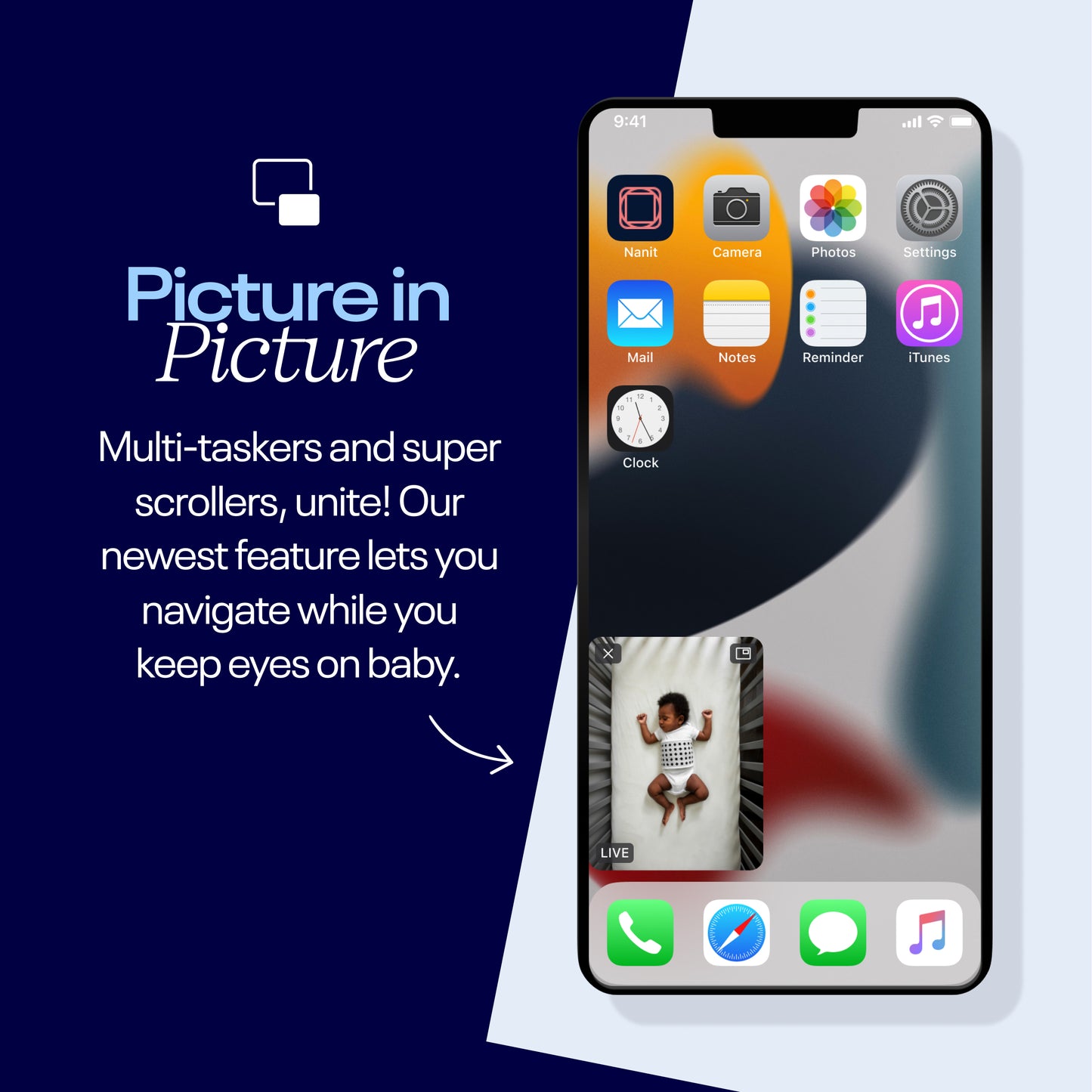 Nanit app picture-in-picture view for monitoring while using the phone