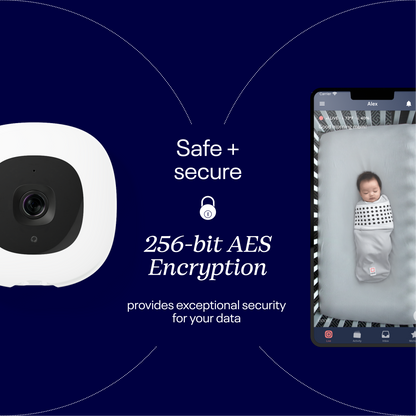 Security camera with 256-bit AES encryption on a blue background