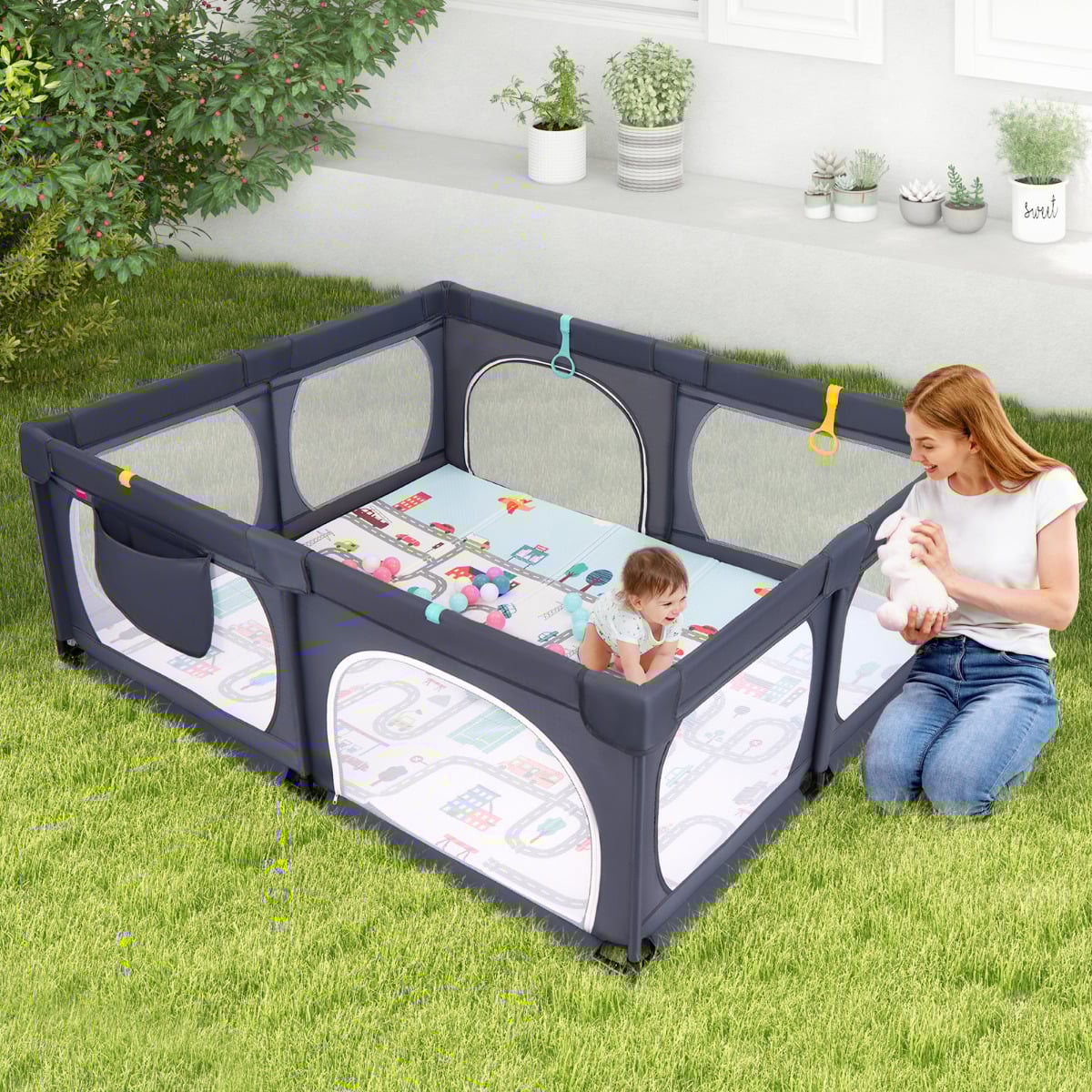 Baby Playpen with Safe Gate and Breathable Mesh