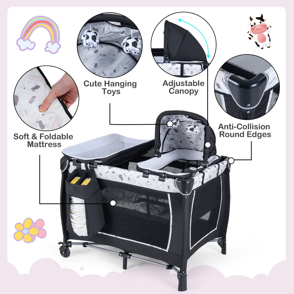 Foldable Baby Travel Cot with Bassinet & Changer