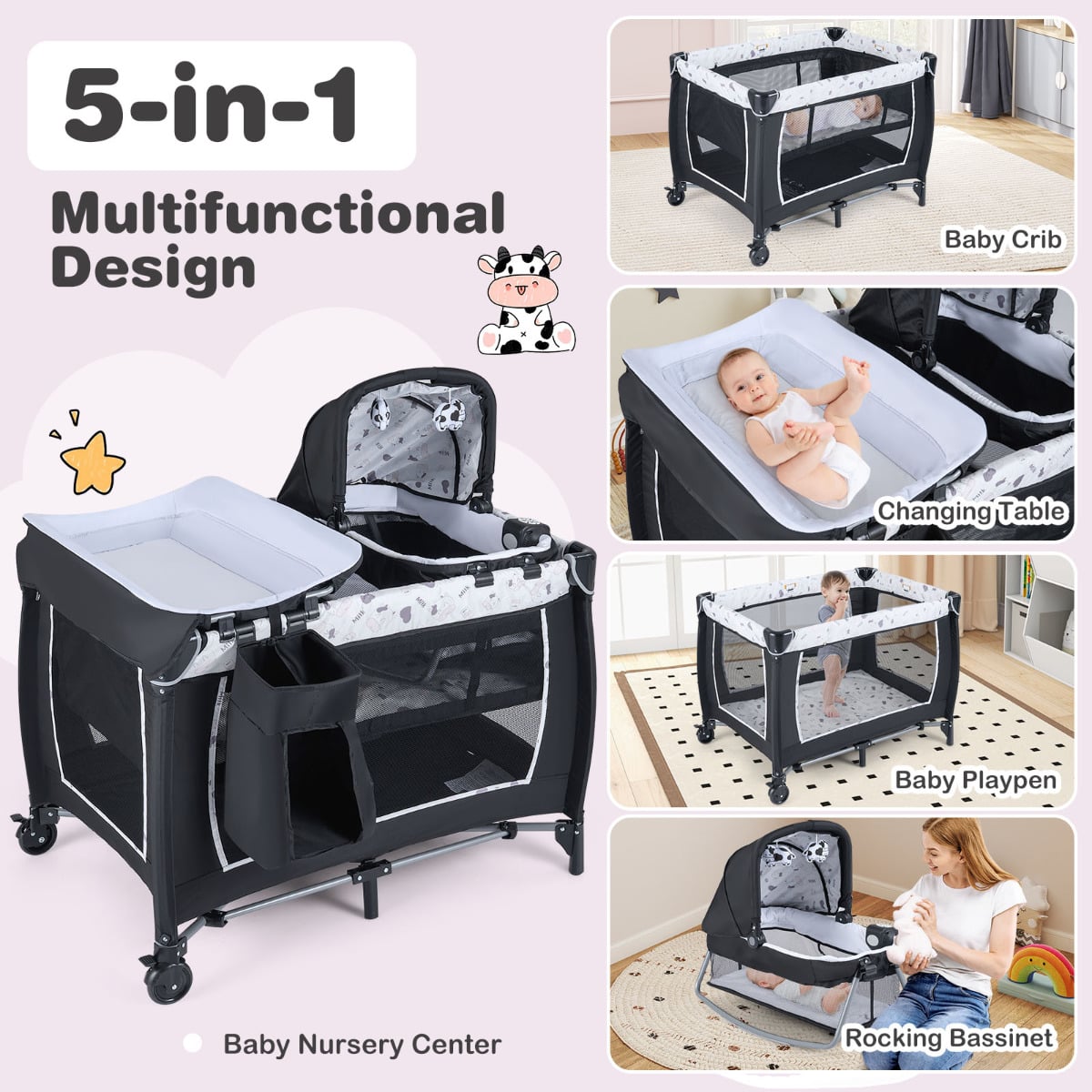 Foldable Baby Travel Cot with Bassinet & Changer