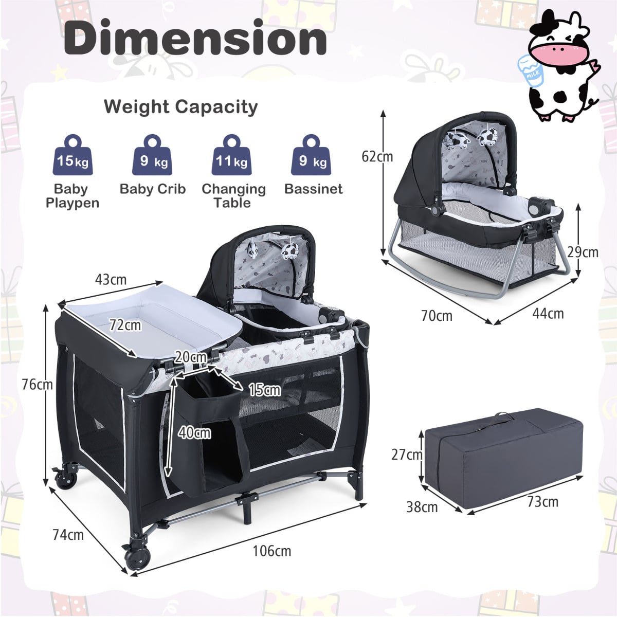 Foldable Baby Travel Cot with Bassinet & Changer