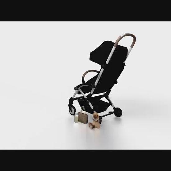 A video of a black stroller and its accessories