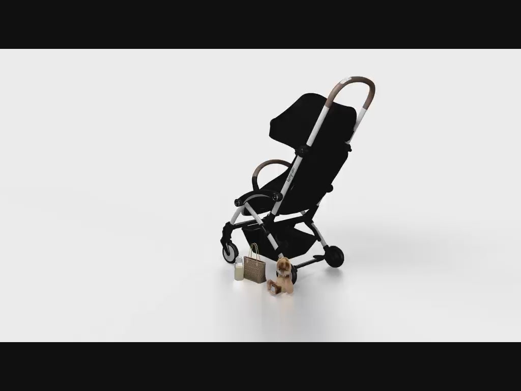 A video of a black stroller and its accessories